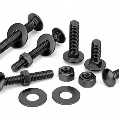 Mellewell 3/8-16 x 3-1/2" Carriage Bolt Kit, Carriage Bolts with Nuts and Washers, Round Head Square Neck, 304 Stainless Steel, Full Thread, Black Finish, 4 Sets - color: Black, size: 3/8-16 x 3-1/2"