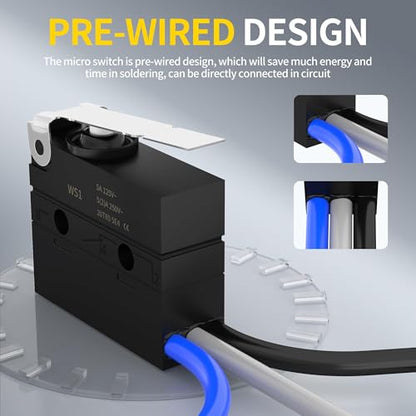 Joinfworld Waterproof Micro Limit Switch with Hinge Lever 6A 12V DC Lever Microswitch SPDT 3 PIN 5A 250VAC with Pre-Wired - 2 Pack - style: WS1-Hinge Lever