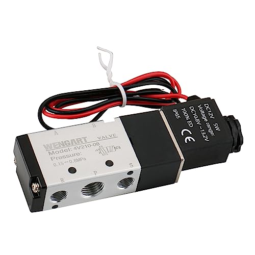 Wengart Pneumatic Solenoid Valve with 2 Position 5 Way,4V210-08,2position 5way,1/4"PT,Single Coil Pilot-Operated Electric,Work for Quick and Reliable Cylinder Reversing (DC12V Outlet wire)