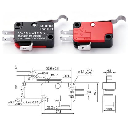 Twidec/6Pcs Micro Limit Switch Long Hinge Bending Lever Arm SPDT Snap Action Switch for Arduino V-154-1C25 - style: V-154-1C25