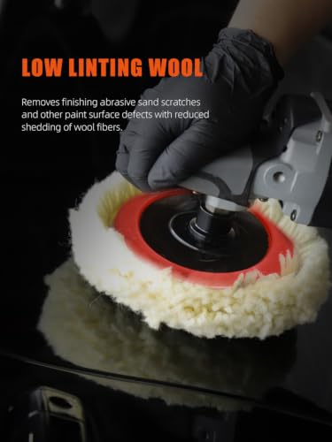 SPTA Wool Polishing Pads, 8"(200mm) 100% Natural Wool Buffing Pad with Hook & Loop Backing 4pcs Set Come with 5/8-11 Thread Backing Plate for Car Polishing, Buffing and Cutting - size: 8inch (200mm) Sets