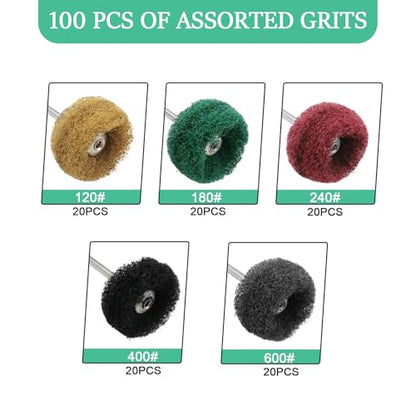 Abrasive Polishing Wheels 100 Pack, Durable 1 Inch Buffing Wheels, Metal Polishing and Deburring Kit for Rotary Tools