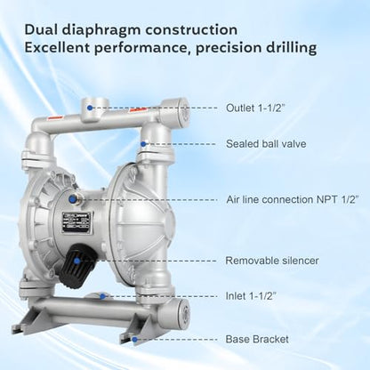 Air Diaphragm Pump 1-1/2" Outlet Chemical Transfer Pump Industrial - color: Silver, size: 1-1/2 inch