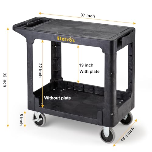 ELAFROS Heavy Duty Plastic Flat Top Utility Work Cart, 37 x 18.8 in, Black - color: Black, size: 2 fixed 2 swivel casters