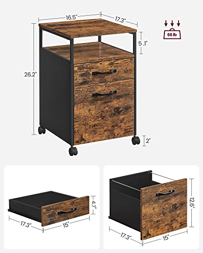 VASAGLE 2 Drawer File Cabinet, Rolling Printer Stand - color: Rustic Brown + Ink Black, size: with Open Shelf