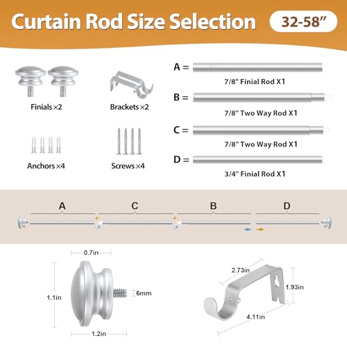 TONIAL Silver Curtain Rods for Windows 2 Pack, 32 to 58 Inch, Drapery Rod - color: Silver, size: 32-58"(2 Pack)