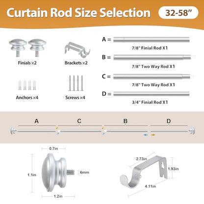 TONIAL Silver Curtain Rods for Windows 2 Pack, 32 to 58 Inch, Drapery Rod - color: Silver, size: 32-58"(2 Pack)