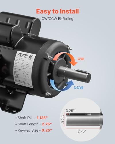 VEVOR 3 HP Electric Motor, 1750RPM Air Compressor Motor, CW/CCW Rotation, 1.125 inch Shaft Diameter, 2.75inch Shaft Length, 12N.m Torque, Single-Phase, TEFC Cooling, 230V, 184T Frame - size: 3P-2.75in Shaft Length