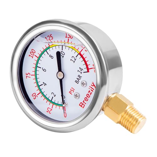 Water Test Pressure Gauge,2.5" Dial,0-200PSI/0-1.4MPA,Glycerin Liquid Filled Pressure Gauge,1/4" NPTthread,Lower Mount, for Water Oil Air Pressure Test（Stainless Steel/Color） - size: Gauge | Standalone