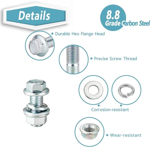 260Pcs Flange Hex Bolts and Nuts Kit,M8 x1.25 (M6 x1.0 M10-1.25 Available) (16mm to 40mm) Metric Bolt Assortment,Alloy Steel Class 8.8 Zinc Plated - size: 260Pcs M8 FLANGE HEX Zinc