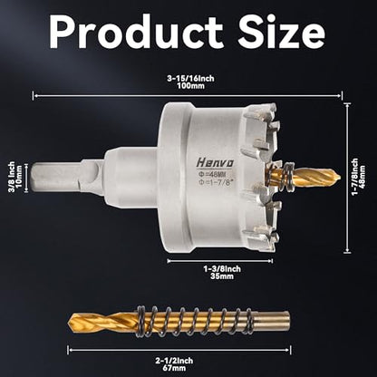 Hole Saw 1-7/8" (48mm) Heavy Duty Carbide with 2 Pilot Drill Bits - Metal Hole Cutter Cuts Stainless Steel, Iron, Copper, Brass, Plastic - size: 48mm|1-7/8"