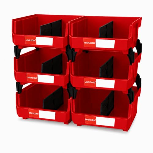 6 Pack Stackable Storage Bins Heavy Duty Parts Organizer Red - color: Red-6 Pack, size: 11"x11"x5"