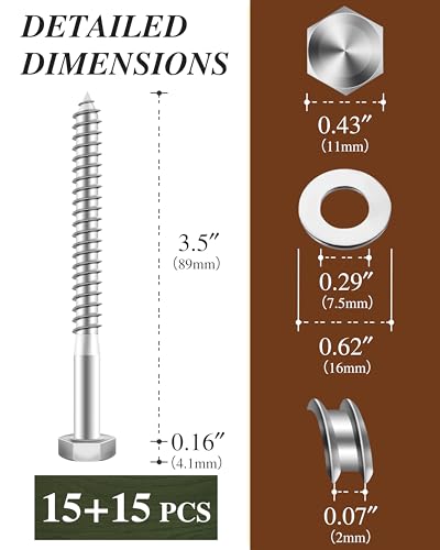 (2Box) 1/4" x 3-1/2" Hex Head Lag Screws Bolts with Flat Washers, 30Sets 304 Stainless Steel 18-8 Heavy Duty 1/4 Lag Bolts for Wood with Hex Socket - size: 1/4" x 3-1/2", style: 2-Box
