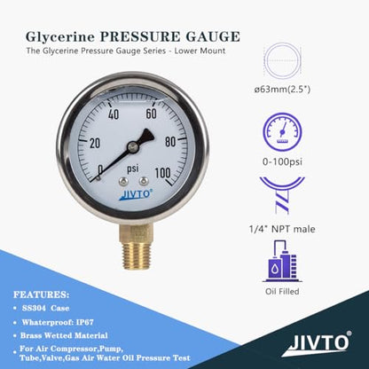 Pressure Gauge,Glycerin Liquid Filled,2.5" Dia,0-100 psi(Single Scale),1/4" NPT Brass Connection,Lower Mount, Stainless Steel Case,for Pneumatic,Pump,Hose,Well Tank,Gas Air Water Oil - size: 0-100 psi, style: lower mount(single scale )