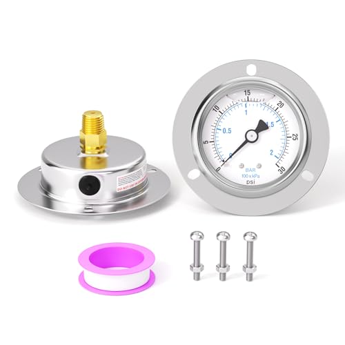 0-30PSI Panel Mount Front Flanged Glycerin Filled Pressure Gauge, 2.5" Dial Size, 1/4" MNPT Back Mount, Stainless Steel Case, with Phillips Screw and Nut, for Water, Gas, Liquid Pressure - color: Liquid Filled - Stainless Steel Case, size: 0-30PSI