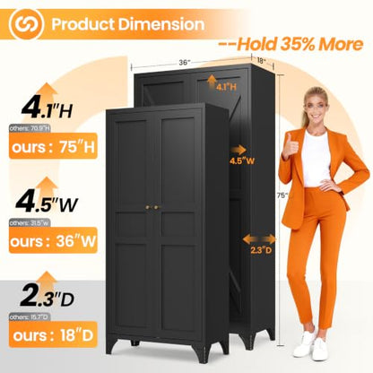 75" Tall Metal Storage Pantry Cabinet with 4 Adjustable Shelves - color: Black, size: 75"H x 36"W x 18"D