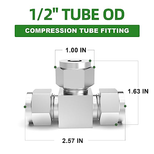 TAISHER 2PCS 304 Stainless Steel Compression Tube Pipe Fitting Connector, 1/2" Tube OD Tee Adapter - size: 1/2" OD Tee