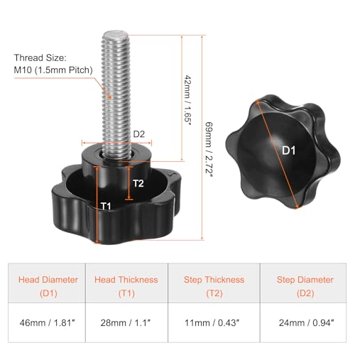 HARFINGTON 2pcs Star Knobs M10 x 42mm 304 Stainless Steel Threaded Stud 46mm Plastic 6-Star Head Hand Tightening Thumb Screw Clamping Jig Knob Handle, Black - size: M10 x 42mm x 46mm