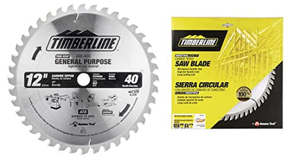 Timberline 300-400 Carbide Tipped Miter or Stationary 12 Inch D x 40T ATB, 0 Deg, 1 Inch Bore, Circular Saw Blade