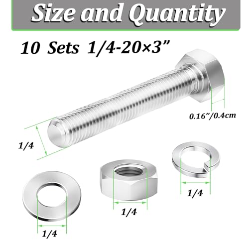 10 Sets1/4-20 × 3" Stainless Steel Hex Head Screws Bolts, Nuts, Flat & Lock Washers,18-8(304) Full Thread - color: Silver-hex, size: 1/4-20×3"(10 sets)