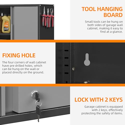 Garage Wall Cabinet with 2 Doors, Metal Wall Cabinet with Lock - color: Black Gray, size: 26''h wall cabinet