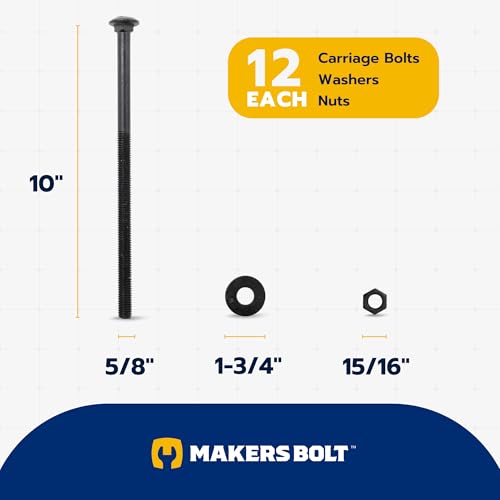 5/8 in. x 10 in. Black Carriage Bolt Kit Includes 12 Bolts, 12 Washers, and 12 Nuts, Ceramic Black Ruspert Coated for Exterior Use - 2X Rust Resistance of Galvanized by Makers Bolt - size: 5/8 x 10