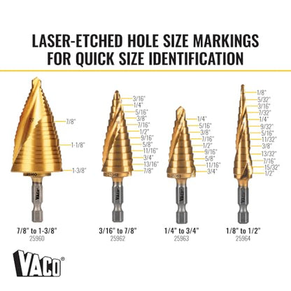 Klein Tools 25950 Step Drill Bit Set, Spiral Double Fluted, Titanium Nitride Coating, 1/4-Inch Impact Shank, Rugged Case, 4-Piece