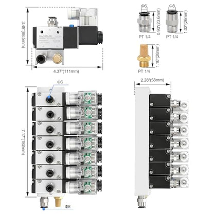 BAOMAIN 12V DC 3/2 Pneumatic Solenoid Valve 7 Station 3V210-08 Manifold Kit - size: 7-Station Valve Kit