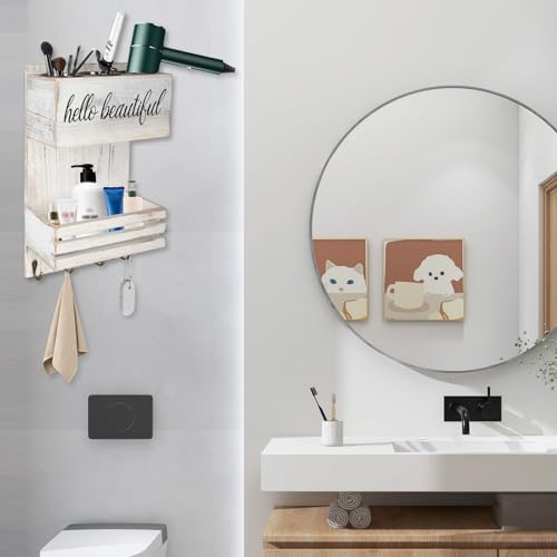 2Tier White Wooden Hair Dryer Holder Wall-Mounted Organizer - color: White