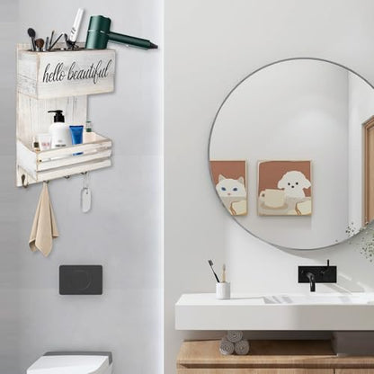 2Tier White Wooden Hair Dryer Holder Wall-Mounted Organizer - color: White