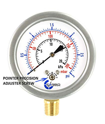 Diaphragm Low Pressure Capsule Gauge, 2-1/2" Dial, 3 PSI Range, 1/4" NPT Lower Mount, Stainless Steel Case, Brass Internals, Adjustable, Scales 3 PSI / 20 kPa / 200 mBar - size: 3 PSI