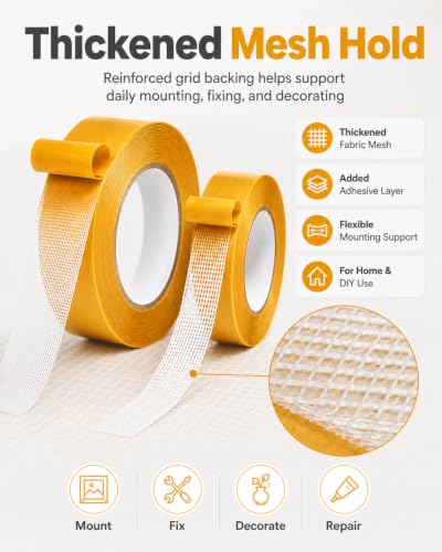 High Tack Double Sided Mesh Tape Grid Adhesive for Clothes Removable Heavy Duty Fabric Industrial Stick Wide Dry Wall Carpet Magic Curtains Strong Rugs Waterproof Generic (10 meters-2pc-50 mm) - color: 10 meters-2pc,50 mm