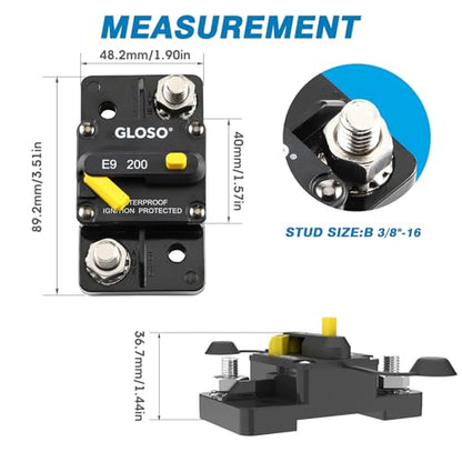 GLOSO Circuit Breaker E93 Breaker Extended Surface Mount 3/8" Diagonal Stud Waterproof IP67 Marine RV Truck Hi-Amp (50A) - color: Extended Surface Mount (3/8" Stud), size: 50A
