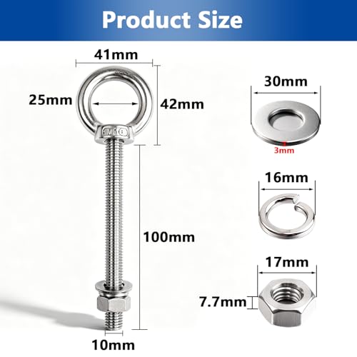 10 Pack M10 x 100mm Threaded Eyebolts with Nuts Washers,Stainless Steel Marine Grade Shoulder Eye Bolt,Eyebolts for DIY, Furniture,Swing, and Outdoor Use (M10 x 100mm) - size: M10 x 100mm
