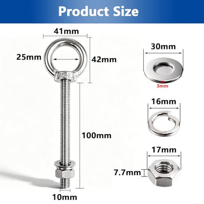 10 Pack M10 x 100mm Threaded Eyebolts with Nuts Washers,Stainless Steel Marine Grade Shoulder Eye Bolt,Eyebolts for DIY, Furniture,Swing, and Outdoor Use (M10 x 100mm) - size: M10 x 100mm