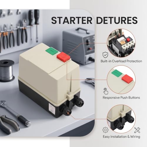 Magnetic Electric Motor Starter, IP55 ABS Enclosure 10 Single Phase 220/230V 23-32A with On/Off Switch for Air Compressor Heavy Duty Start Stop Control