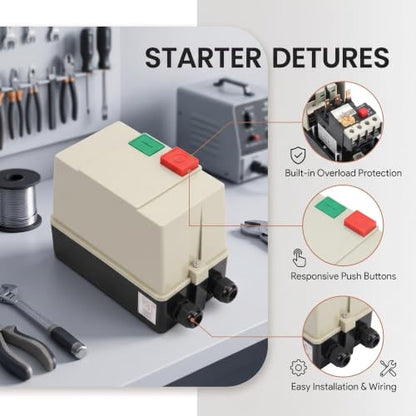 Magnetic Electric Motor Starter, IP55 ABS Enclosure 10 Single Phase 220/230V 23-32A with On/Off Switch for Air Compressor Heavy Duty Start Stop Control