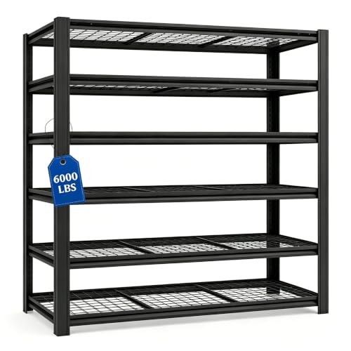 6 Tier Heavy Duty Metal Garage Storage Shelving, 62" W x 24" D x 84" H Adjustable Steel Storage Rack with 6000 LBS Total Load Capacity, Multipurpose Industrial Shelves for Warehouse Basement - size: 6T-62" W x 24" D x 84" H