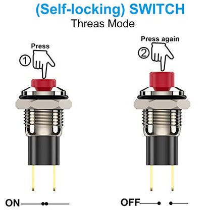 Push Button Switch, Self-Locking Mini Switches Latching 10mm Round DC24V 0.5A Black Cap 5PCS - style: red