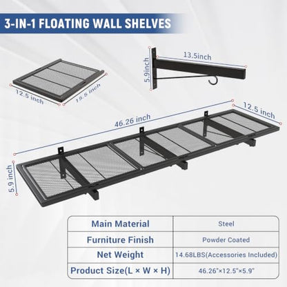 2 Pack Garage Wall Shelf, Heavy Duty Garage Shelving, 46"X 12.5" Wall Mounted Floating Shelves, Metal Hanging Storage Rack with 8 Hooks, Utility Organizer Max Load 320 LBS for Laundry Room, Workshop - size: B-2 PACK
