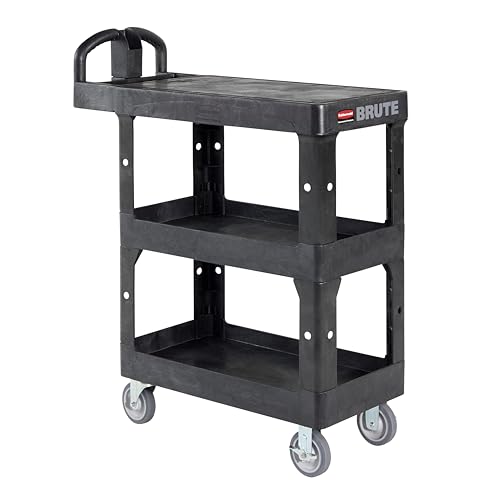 Rubbermaid Commercial BRUTE Heavy Duty 3-Shelf Utility/Service Cart, Small, Flat Shelves, Ergonomic Handle, 600 lbs. Capacity, for Retail Stores/Garage/Cleaning/Maintenance - size: Small 3-Shelf, style: Ergonomic Handle