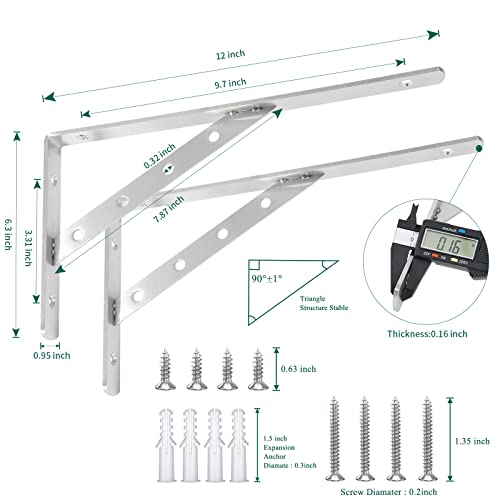 2 Pack Heavy Duty Shelf Brackets 12 Inch, Solid Stainless Steel Angle Bracket, Max Load 440lbs - Silver - size: 12"(Solid Brackets-Silver)