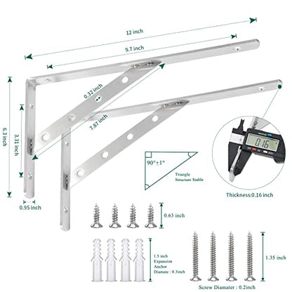2 Pack Heavy Duty Shelf Brackets 12 Inch, Solid Stainless Steel Angle Bracket, Max Load 440lbs - Silver - size: 12"(Solid Brackets-Silver)