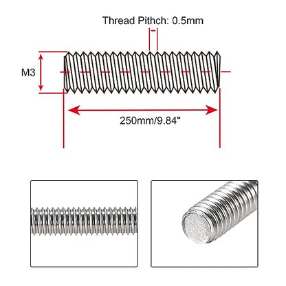 M3 x 250mm Fully Threaded Rod & Studs, 304 Stainless Steel Right Hand Threads Rods, M3-0.5 Thread Pitch for Anchor Bolts, Clamps, Hangers and U-Bolts 5 Pack【with Nuts】 - size: 10-Inch
