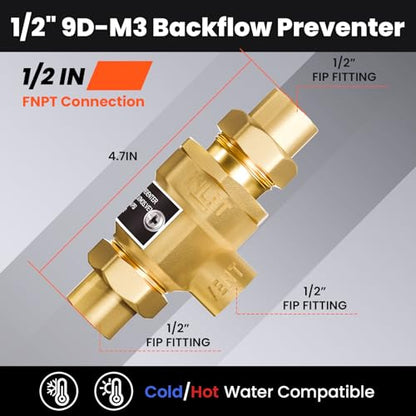 1/2" 9D-M3 Backflow Preventer, Brass Dual Check Valve with Intermediate Atmospheric Vent, 1/2 Inch back flow preventer valve Female Union, Vertical or Horizontal Install - size: 1/2 Inch