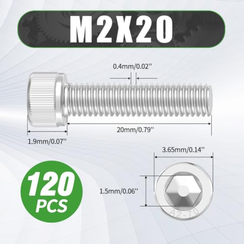 120 Pcs M2 x 20mm Button Head Socket Cap Screws - 304 Stainless Steel - size: M2x20