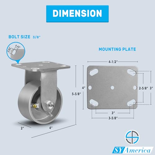 SY America 4" X 2" Cast Iron Caster Wheels,Heavy Duty Industrial Casters, Load Capacity 1600 lbs,Perfect Toolbox Caster Wheels-2 Rigid - color: 2 Rigid, size: 4" Wheel
