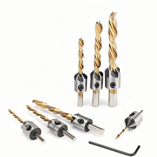7PCS 3-10mm Round Shank Titanium Coated Countersink Drill Bit Set Replacement Three Point Drill Set Carpentry Boring Tool Woodworking Tool with Hexagon - size: 7 PCS Titanium Coating