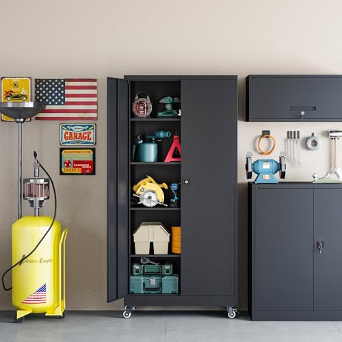 RAVIGIN Metal Garage Storage Cabinet with Wheels,75" H Locking Tool Cabinet with 2 Doors and 4 Adjustable Shelves Tall Cabinet for Garage, Heavy Duty File Cabinet for Office, School (Black) - color: Black, size: 75 IN with Weels