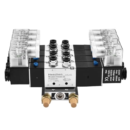 Heschen Electrical Pneumatic 4 Solenoid Valve, 4V230C-08, 24VDC, PT1/4, 5 Way 3 Position, Manifold Base, Muffler, Quick Fittings Set, CE
